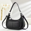 Chic black litchi leather crescent shoulder bag with silver hardware and orchid decor - Black