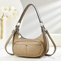 Minimalist khaki litchi leather half-moon underarm bag with adjustable shoulder strap - Khaki