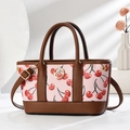 Retro cherry print tote bag with pink pattern and brown leather handles in Boston style - Pink