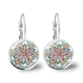 Intricate Mandala glass lever-back earrings with colorful geometric patterns in silver frame - Mandala Style 1 (JY00425-1) / Silver