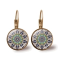 Detailed view of vintage bronze leverback earrings featuring colorful mandala glass cabochons - Mandala Style 2 (JY00425-2) / Bronze