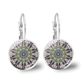 Detail of mandala glass dome earrings with colorful geometric patterns and silver hooks - Mandala Style 2 (JY00425-2) / Silver