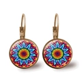 Detail view of bronze mandala lever-back earrings with colorful glass flower cabochons - Mandala Style 3 (JY00425-3) / Bronze