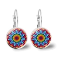 Detailed macro view of vintage mandala pattern earrings with round glass cabochon - Mandala Style 3 (JY00425-3) / Silver