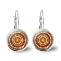 Detailed shot of mandala glass cabochon earrings with bohemian geometric pattern - Mandala Style 4 (JY00425-4) / Silver