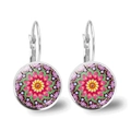 Detail of silver drop earrings featuring colorful mandala glass dome and alloy hooks - Mandala Style 5 (JY00425-5) / Silver