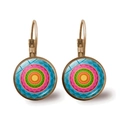 Close-up of bohemian lever-back earrings with colorful mandala pattern and bronze frame - Mandala Style 6 (JY00425-6) / Bronze