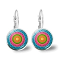 Detailed view of silver leverback mandala earrings with colorful glass cabochon patterns - Mandala Style 6 (JY00425-6) / Silver