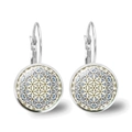 Silver mandala drop earrings with geometric glass cabochon in a minimalist studio setting - Flower of Life Style 8 (XSWX1796-8) / Silver