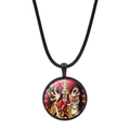 Detailed view of Hindu Goddess Durga glass cabochon pendant on black leather cord necklace - Durga Riding Tiger Time Gem Style (JY00619-8)