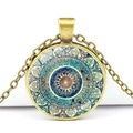 Mandala Kunst Anhänger Halskette in Bronze mit blauem geometrischem Blumen Glas Cabochon - See Blau Türkis Mandala-Stil (JY00446-5)