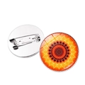 Detail view showing front mandala glass cabochon and silver metal safety pin back - Orange Yellow Tone Mandala (JY00533-5)