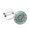 Front and back view of a blue mandala glass cabochon brooch with metal pin closure - Radiating Precision Mandala (JY00533-9)