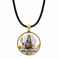Close-up of Lord Shiva pendant necklace with bronze frame and black cord - Shiva Colorful Seated Image (JY00590-1)