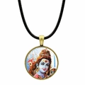 Macro detail of Shiva Hindu pendant with bronze base and black braided leather cord - Shiva Sunset Background Style (JY00590-3)