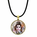Detail of Lord Shiva glass dome pendant with antique bronze frame on black cord necklace - Shiva with Trident Style (JY00590-4)