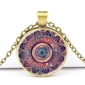 Vintage Mandala Anhänger Halskette aus Bronze mit buntem geometrischem Muster - Dunkelblau Rosa Lila Mandala-Stil (JY00446-6)