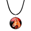 Collar redondo plateado con colgante de cristal de caballo y cordón negro - Caballo Marrón Realista Fondo Rojo Negro (JY00552-2)