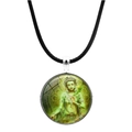 Close-up of Vishnu glass cabochon pendant with silver frame and black woven cord - Green Guanyin Bodhisattva Style (JY00559-6)