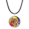 Close-up of circular Hindu deity glass pendant with vibrant Shiva and Parvati imagery - Ganesha Family Style (JY00559-7)