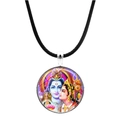 Macro view of the round silver metal pendant featuring Shiva and Parvati with black cord - Shiva and Parvati Portrait Style (JY00559-8)