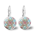 Boucles d'oreilles mandala bohème en verre avec fermoirs à levier en argent - Style Mandala Rouge Jaune (JY00491-1)