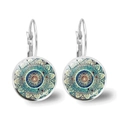 Detail view of Mandala art glass cabochon earrings with bohemian geometric pattern - Blue Green Yellow Colorful Mandala (JY00491-5)