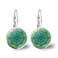 Macro detail of silver mandala earrings featuring cyan and yellow geometric glass domes - Cyan Yellow Kaleidoscope Mandala (JY00491-6)