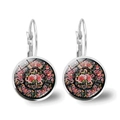 Detail view of Mandala floral pattern glass cabochon in leverback earring setting - Vintage Pink Green Ethnic Floral (JY00491-8)
