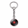Macro shot of retro vinyl record keychain with glass cabochon and polished metal ring - OLD ROCKER Text Style (JY00507-2)