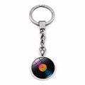 Detail of vintage vinyl record keychain with colorful center and silver metal ring - Gradient Color Core Style (JY00507-3)