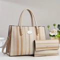 Two-piece woven check tote bag and envelope clutch set with stylish gold hardware details - Apricot