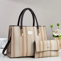 Two-piece set of woven striped tote and wallet with black leather handles and metal logo - Khaki