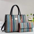 Two-piece colorful woven tote bag and wallet set with black leather handles and shoulder strap - Black