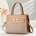 Detail of khaki woven texture handbag featuring gold swivel lock and adjustable strap - Khaki