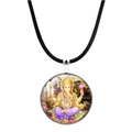 Religiöse Ganesha Glas-Cabochon-Halskette mit einer schwarzen geflochtenen Lederkordel - Ganesha Elefantengott (JY00553-2)