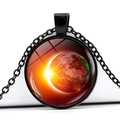 Detail of a round solar eclipse glass pendant with a black metal frame and O-chain - Solar Eclipse Planet Glow Style (JY001067-8)