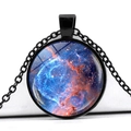 Cosmos nebula necklace with glass dome pendant and black metal chain on white background - Blue Orange Galaxy Style (JY001067-10)