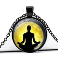 Macro detail of yoga meditation glass pendant necklace with moon silhouette design - Yellow Moon Silhouette Zen (JY00959-3)
