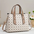 Elegant white geometric patterned tote bag with brown leather handles and shoulder strap - Khaki and Beige