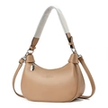 Beige halbmondförmige Umhängetasche aus mattem Leder mit Schmetterlingslogo und Schloss - Khaki
