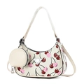 Borsa a mezzaluna crema con stampa ciliegie, logo argento e mini portamonete coordinato - Bianco Sporco / Lunghezza 23 Altezza 15 Larghezza 6