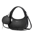 Bolso de media luna en cuero negro granulado con monedero redondo y detalles plata - 19x16x8cm / Negro