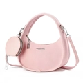 Détail du sac croissant rose avec texture cuir et petit porte-monnaie assorti - 19x16x8cm / Rose