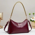 Elegant burgundy faux crocodile leather shoulder bag with a polished glossy finish - Burgundy
