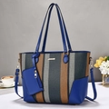 Large color-block canvas tote bag with blue leather trim and detachable shoulder strap - Blue