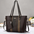 Grand sac cabas marron foncé avec rayures verticales et pochette assortie - Café