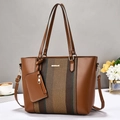 Grand sac cabas marron en cuir avec panneau en tissu tissé et petite pochette assortie - Jaune Terre
