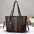 Contrast color tote bag in brown litchi grain faux leather and striped woven fabric - Coffee
