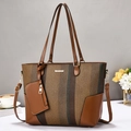 Contrast color tote bag in brown woven texture and leather with small matching pouch - Earthy Yellow